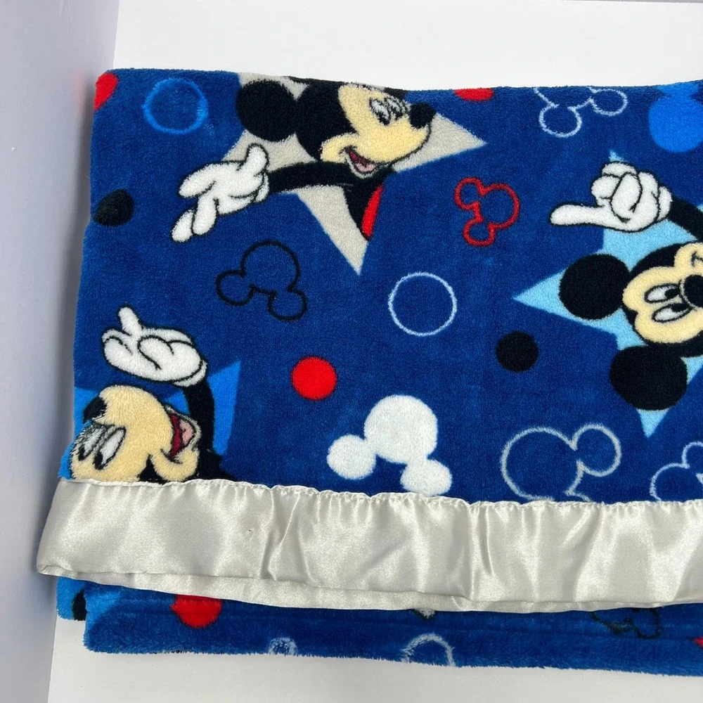 Vintage Disney Mickey Mouse Blue Baby Toddler Blanket Gray Satin Trim Stars